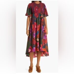 FARM Rio Bird Flowers Smocked Midi Dress